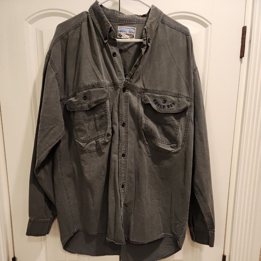 Vintage Bugle Boy Button Up Shirt Mens Large Gray Pocket Outdoor Casual Grunge